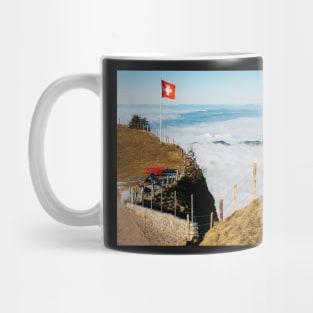 Swiss Flag Blowing in Wind on Mount Rigi in Central Switzerland Mug